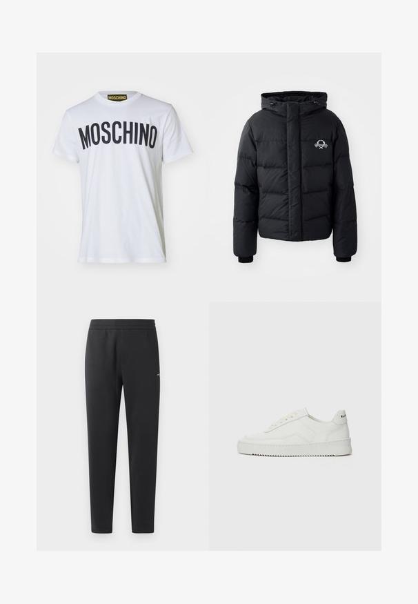 Must väljakutsete sätetele lõhelise disainiga must puhvrjakker, kapuutsiga, elastsete mansettidega ja rinnal logo. Valmistatud siledast, veekindlast materjalist.; Mustast sweatshirt pehmest kangast, ümar kaelus ja soonikud varrukkates. Ees silmatorkav valge "MOSCHINO" logo.; Valge puuvillane T-särk, millel on rinnus julged mustad tähestikud "MOSCHINO". Lühikesed varrukad ja ümmargune kaelus.; Mustad jogger pants pehmest kangast, millel on elastne vöökoht, sirged sääred ja üks väike logodetail küljel.; Valge nahast tennis, millel on sile põhi, ümar varvas, lamedad nöörid ja tekstuuriline tall. Sisaldab diskreetset logo kontsaribal.
