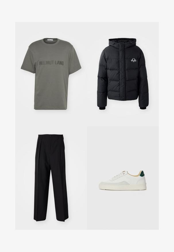 Chaqueta de plumas negra con capucha, que presenta un diseño acolchado, puños elásticos y un logo en el pecho. Fabricada con un material suave y resistente al agua.; Sudadera negra hecha de una tela suave con cuello redondo y puños acanalados. Logotipo prominente en blanco "MOSCHINO" en la parte frontal.; Camiseta de algodón verde oliva con cuello redondo, mangas cortas y texto en relieve "HELMUT LANG" en la parte frontal. Textura suave, corte relajado.; Pantalones negros plisados con un diseño recto y de pierna ancha. Fabricados en una tela suave, presentan un cierre de botón y trabillas para el cinturón.; Zapatilla blanca con acentos de ante, puntera redondeada, cordones planos y suela de goma color crema. Presenta un logo verde en el talón.