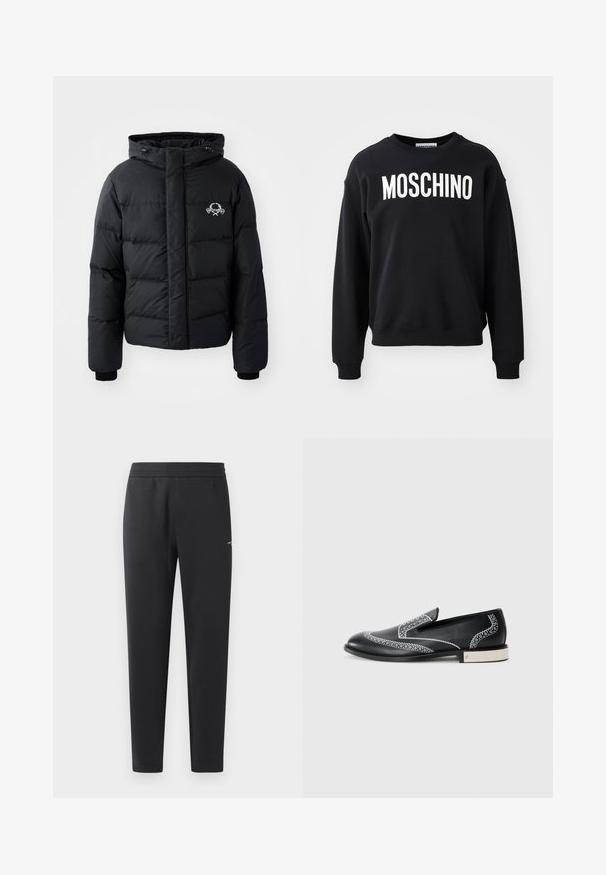 Black puffer jacket with a hood, featuring a quilted design, elastic cuffs, and a chest logo. Made of a smooth, water-resistant material.; Black sweatshirt made from soft fabric featuring a round neckline and ribbed cuffs. Prominent white "MOSCHINO" logo across the front.; Black jogger pants made of soft fabric, featuring an elastic waistband, straight legs, and a single small logo detail on the side.; Black leather loafers with white decorative stitching and a metallic accent on the heel, featuring a smooth texture and streamlined silhouette.
