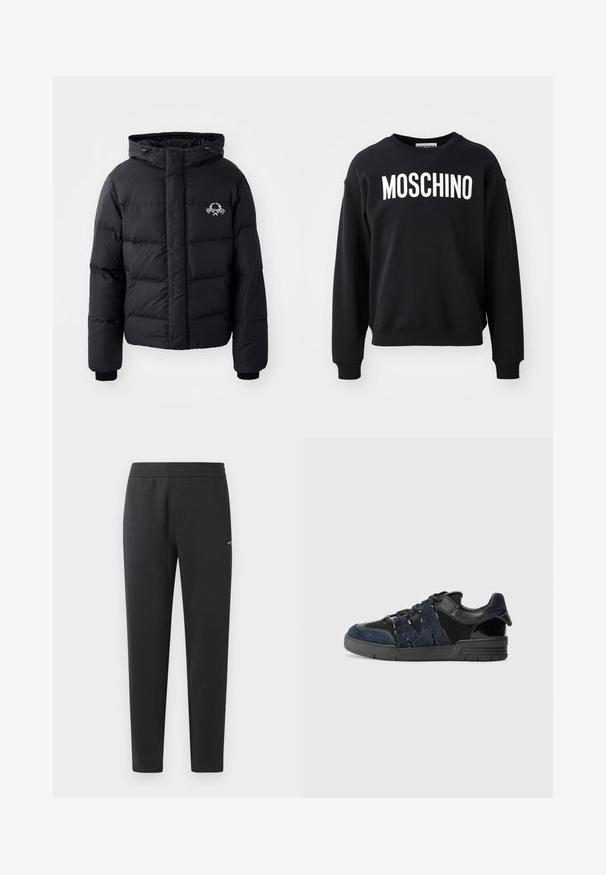 Black puffer jacket with a hood, featuring a quilted design, elastic cuffs, and a chest logo. Made of a smooth, water-resistant material.; Black sweatshirt made from soft fabric featuring a round neckline and ribbed cuffs. Prominent white "MOSCHINO" logo across the front.; Black jogger pants made of soft fabric, featuring an elastic waistband, straight legs, and a single small logo detail on the side.; Black and navy sneakers feature suede and mesh materials, with a thick sole and a prominent cutout "M" detail on the side.