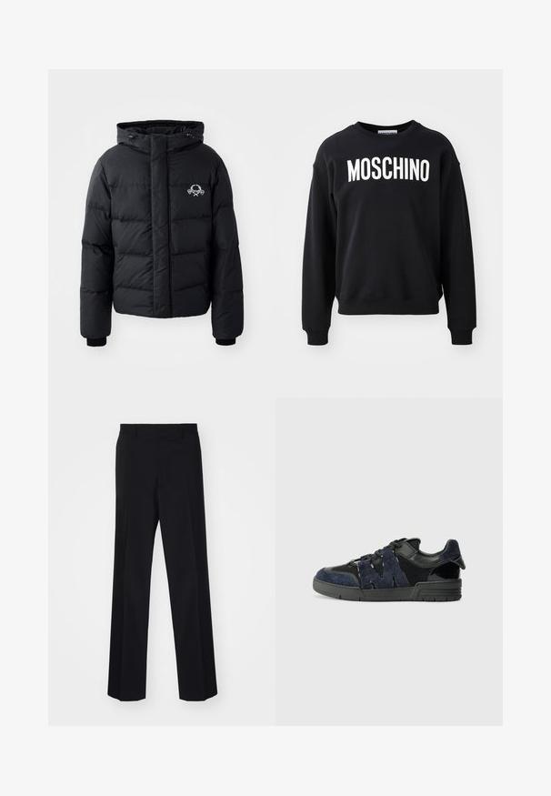 Czarna kurtka puchowa z kapturem, z pikowanym wzorem, elastycznymi mankietami i logo na piersi. Wykonana z gładkiego, wodoodpornego materiału.; Czarny sweatshirt wykonany z miękkiego materiału, z okrągłym dekoltem i ribbowymi mankietami. Wyraźne białe logo "MOSCHINO" na przodzie.; Czarne spodni z szerokimi nogawkami, charakteryzujące się gładką teksturą i wyraźnymi fałdami, wykonane z tkaniny tkanej.; Czarne i granatowe sneakersy wykonane z zamszu i siateczki, z grubą podeszwą i wyraźnym wycięciem w kształcie litery "M" po boku.
