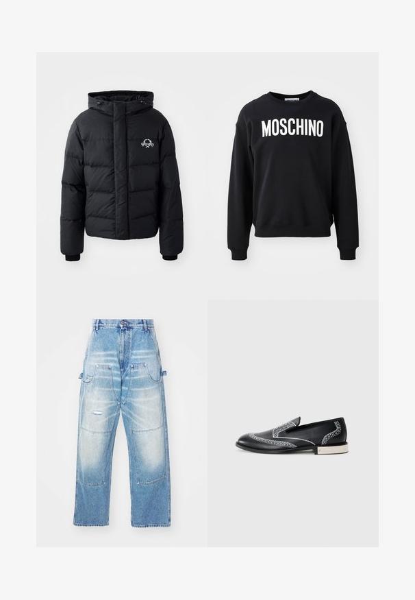 Čierna prešívaná bunda s kapucňou, ktorá má elastické manžety a logo na hrudníku. Vyrobená z hladkého, vodoodolného materiálu.; Čierna mikina vyrobená z mäkkého materiálu s okrúhlym výstrihom a rebrovanými manžetami. Výrazné biele logo "MOSCHINO" na prednej strane.; Svetlo modré džíny s voľným strihom, ktoré majú viacero vreciek, poškodené detaily a vybledlý vzhľad. Dizajn rovného strihu.; Čierne kožené mokasíny s bielym dekoratívnym prešívaním a kovovým akcentom na päte, s hladkou textúrou a elegantným siluetou.