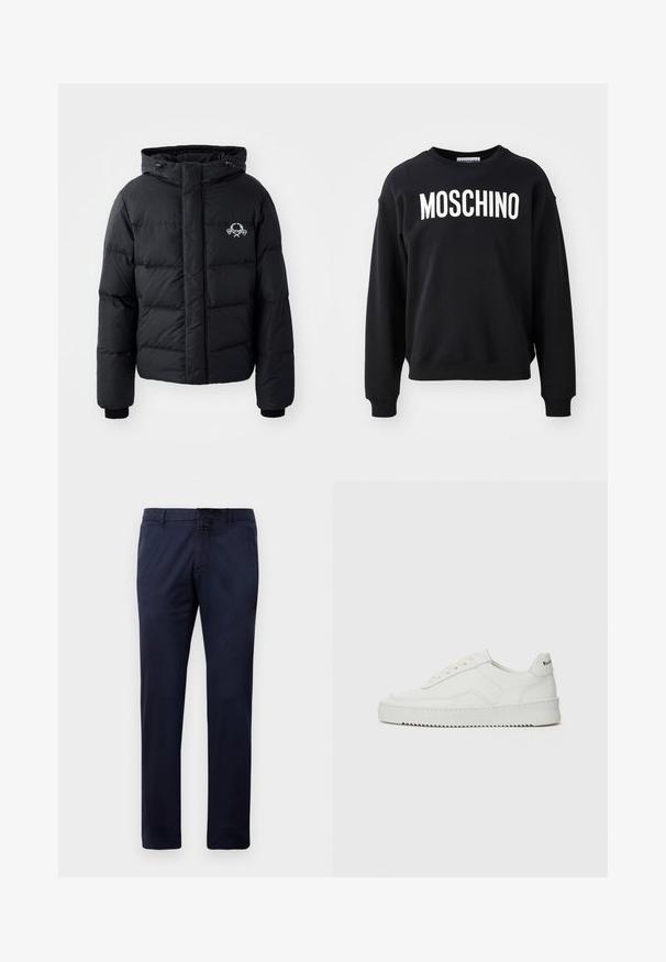 Juodas pūkinis švarkas su gobtuvu, pasižymintis siuvinėtu raštu, elastingais rankogaliais ir logotipu krūtinėje. Pagamintas iš lygios, vandeniui atsparios medžiagos.; Juodas džemperis, pagamintas iš minkštos medžiagos, su apvaliu iškirpimu ir gipiūrinėmis rankovėmis. Ryškus baltas „MOSCHINO“ logotipas ant priekio.; Tamsiai mėlynos tiesios kojos kelnės su dirželių kilpomis, priekyje su mygtuku ir šoninėmis kišenėmis, rodomos prieš baltą foną.; Balti odiniai sportiniai bateliai su lygia apdaila, apvaliu pirštu, plokščiais raišteliais ir tekstūruotu padu. Pasižymi subtiliu logotipu ant kulno.