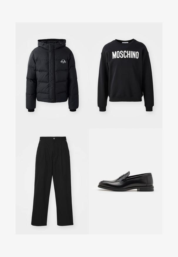 Czarna kurtka puchowa z kapturem, z pikowanym wzorem, elastycznymi mankietami i logo na piersi. Wykonana z gładkiego, wodoodpornego materiału.; Czarny sweatshirt wykonany z miękkiego materiału, z okrągłym dekoltem i ribbowymi mankietami. Wyraźne białe logo "MOSCHINO" na przodzie.; Czarne spodnie o szerokich nogawkach wykonane z lekkiego materiału. Posiadają zapięcie na guzik, plisowane przody oraz dwie boczne kieszenie.; Czarne skórzane mokasyny o gładkiej fakturze, zaokrąglonym nosku i dekoracyjnym pasku na przodzie. Niski, warstwowy obcas, minimalistyczny design.