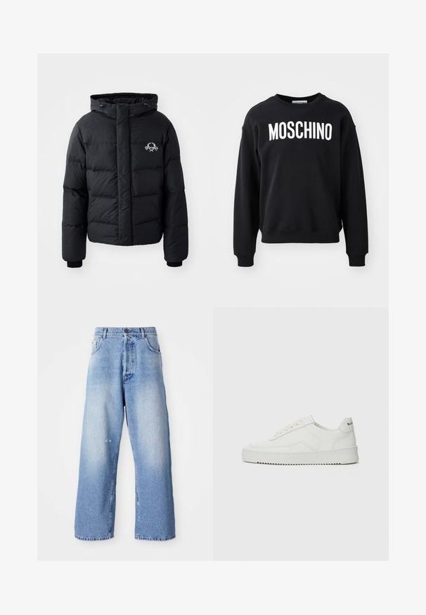 Juodas pūkinis švarkas su gobtuvu, pasižymintis siuvinėtu raštu, elastingais rankogaliais ir logotipu krūtinėje. Pagamintas iš lygios, vandeniui atsparios medžiagos.; Juodas džemperis, pagamintas iš minkštos medžiagos, su apvaliu iškirpimu ir gipiūrinėmis rankovėmis. Ryškus baltas „MOSCHINO“ logotipas ant priekio.; Šviesiai mėlynos džinsinės plačių kojų kelnes su išblukusiu apdailos efektu, kurios turi mygtuko užsegimą, diržo kilpas ir nedidelį nusidėvėjimą šalia kelio.; Balti odiniai sportiniai bateliai su lygia apdaila, apvaliu pirštu, plokščiais raišteliais ir tekstūruotu padu. Pasižymi subtiliu logotipu ant kulno.
