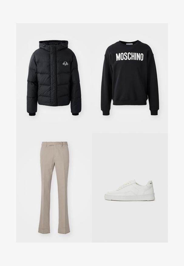 Jachetă puffer neagră cu glugă, având un design matlasat, mansete elastice și un logo pe piept. Fabricată dintr-un material neted, rezistent la apă.; Sweatshirt negru confecționat dintr-un material moale, cu decolteu rotund și manșete ribbate. Logo-ul alb proeminent "MOSCHINO" pe partea din față.; Pantaloni bej deschis cu un croi drept, realizați dintr-un material neted. Prezintă o banda pentru curea și cusături curate, atent finisate.; Sneakers din piele albă cu un finisaj neted, vârf rotund, șireturi plate și o talpă texturată. Prezintă un logo subtil pe călcâi.