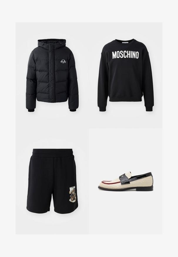 Chaqueta de plumas negra con capucha, que presenta un diseño acolchado, puños elásticos y un logo en el pecho. Fabricada con un material suave y resistente al agua.; Sudadera negra hecha de una tela suave con cuello redondo y puños acanalados. Logotipo prominente en blanco "MOSCHINO" en la parte frontal.; Shorts de algodón negros con cintura elástica, con un gráfico de oso y el texto "Moschino" en la pierna izquierda. Textura suave, diseño hasta la rodilla.; Mocasines beige con patrón grabado, franja de acento roja y tacón negro brillante. Cuenta con una correa con detalle de hebilla. Suela plana negra.