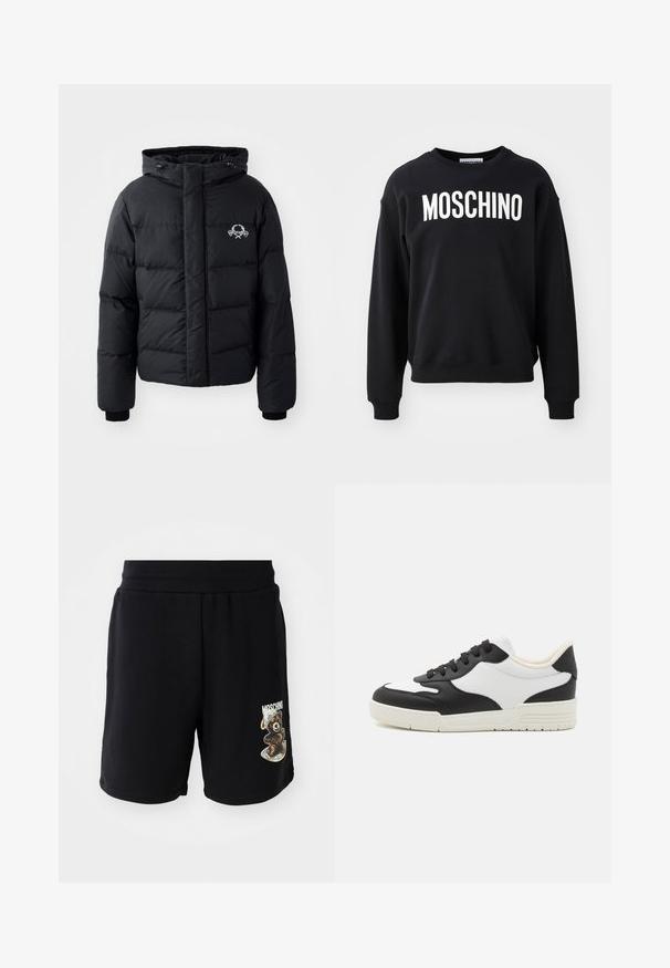 Černá péřová bunda s kapucí, s prošívaným vzorem, elastickými manžetami a logem na hrudi. Vyrobena z hladkého, vodoodpudivého materiálu.; Černá mikina vyrobená z měkkého materiálu, s kulatým výstřihem a žebrovanými manžetami. Výrazné bílé logo "MOSCHINO" na přední straně.; Černé bavlněné kraťasy s elastickým pasem, na levé noze s potiskem medvěda a nápisem "Moschino". Hladká textura, ke kolenům.; Černobílé tenisky s hladkým koženým svrškem, zaoblenou špičkou a plochou gumovou podrážkou. Mají černé šněrování a měkkou vnitřní podšívku.