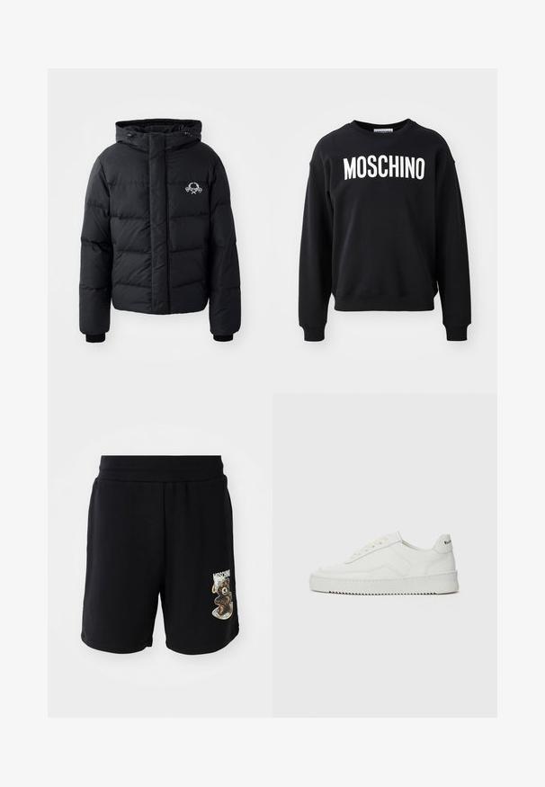 Doudoune noire avec capuche, présentant un design matelassé, des poignets élastiques et un logo sur la poitrine. Fabriquée dans un matériau lisse et résistant à l'eau.; Sweat-shirt noir en tissu doux avec un col rond et des poignets côtelés. Logo blanc "MOSCHINO" bien visible sur le devant.; Shorts noirs en coton avec taille élastique, présentant un motif d'ours et le texte "Moschino" sur la jambe gauche. Texture lisse, design à mi-cuisse.; Baskets en cuir blanc avec une finition lisse, bout arrondi, lacets plats et semelle texturée. Présente un logo discret sur le talon.