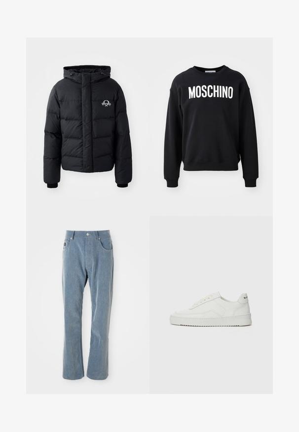 Jachetă puffer neagră cu glugă, având un design matlasat, mansete elastice și un logo pe piept. Fabricată dintr-un material neted, rezistent la apă.; Sweatshirt negru confecționat dintr-un material moale, cu decolteu rotund și manșete ribbate. Logo-ul alb proeminent "MOSCHINO" pe partea din față.; Pantaloni din catifea ușoară de culoare albastru deschis, cu închidere cu nasture și fermoar, buzunare frontale și picioare drepte, pe fundal alb.; Sneakers din piele albă cu un finisaj neted, vârf rotund, șireturi plate și o talpă texturată. Prezintă un logo subtil pe călcâi.