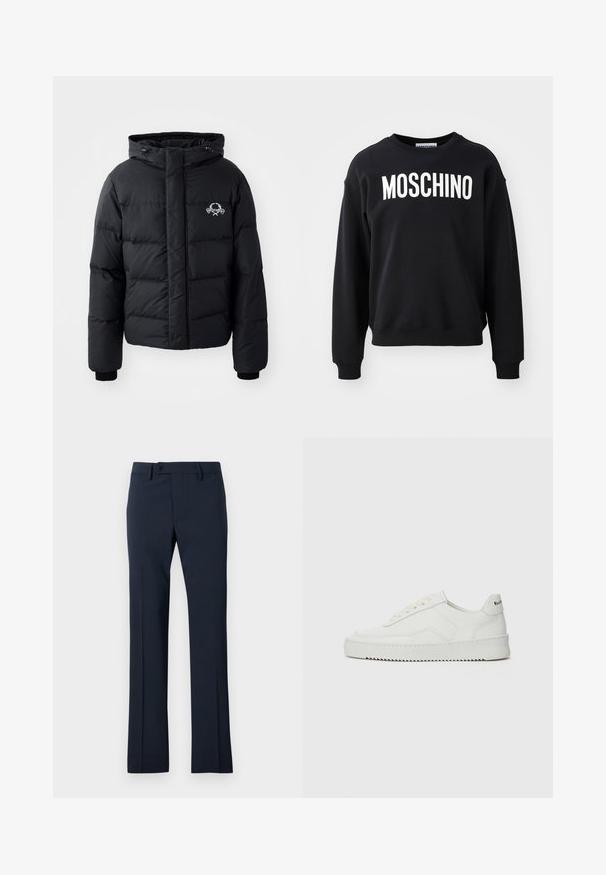 Černá péřová bunda s kapucí, s prošívaným vzorem, elastickými manžetami a logem na hrudi. Vyrobena z hladkého, vodoodpudivého materiálu.; Černá mikina vyrobená z měkkého materiálu, s kulatým výstřihem a žebrovanými manžetami. Výrazné bílé logo "MOSCHINO" na přední straně.; Námořnické modré kalhoty z hladkého materiálu, které mají rovný střih, zapínání na knoflík a přední sklady.; Bílé kožené tenisky s hladkým povrchem, kulatou špičkou, plochými tkaničkami a texturovanou podrážkou. Na patě se nachází nenápadné logo.