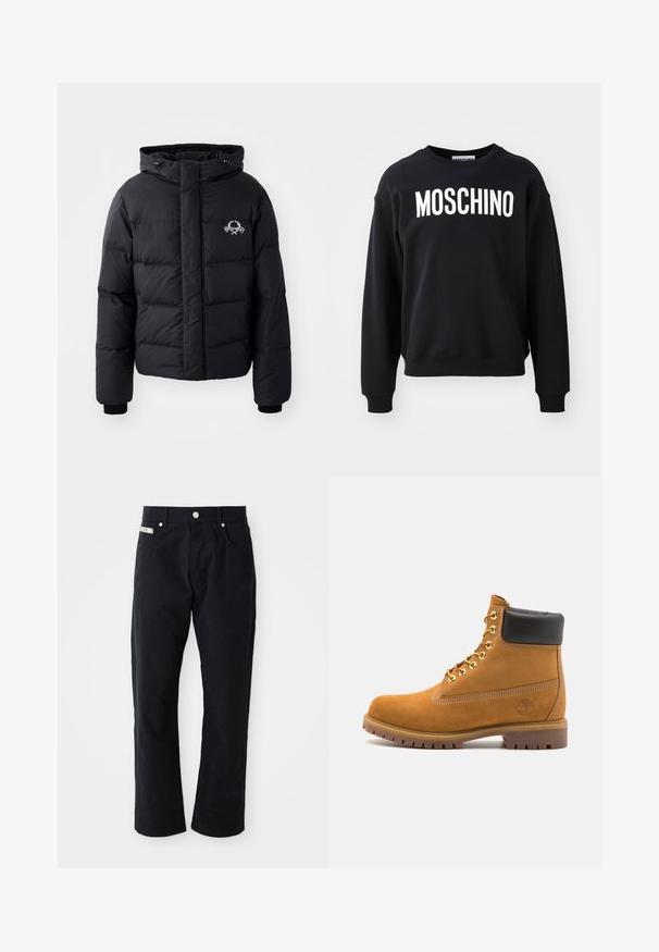 Melnā puffer jaka ar kapuci, ar kvadrātveida dizainu, elastīgiem piedurkņu galiem un krūšu logotipu. Izgatavota no gludas, ūdensizturīgas materiāla.; Melnā sudraba auduma džemperis ar mīkstu tekstūru, kas iezīmē apļa formas apkakli un ribaini rupjas piedurknes. Izteiksmīgs balts "MOSCHINO" logotips uz priekšpuses.; Melni kokvilnas bikses ar taisnu kāju dizainu, piecām kabatām, sudraba aksesuāriem un smalku teksturētu apdari.; Brūna zamša potīte ar melnu izšuvumu ap kaklu, zelta metāla acu caurumi, balta šuvju apdare un izturīgs gumijas zole ar izteiktu zīmējumu.