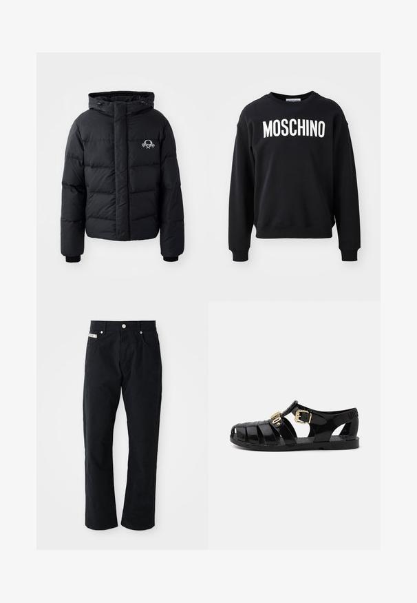 Must väljakutsete sätetele lõhelise disainiga must puhvrjakker, kapuutsiga, elastsete mansettidega ja rinnal logo. Valmistatud siledast, veekindlast materjalist.; Mustast sweatshirt pehmest kangast, ümar kaelus ja soonikud varrukkates. Ees silmatorkav valge "MOSCHINO" logo.; Mustad puuvillased püksid sirge jala disainiga, viie taskuga, hõbedaste detailidega ja sütitava tekstuuriga viimistlusega.; Mustad mustad, millel on lõikekujundus, millel on kuldne lukustus ja tekstuuriga sisetald. Kinga kontsapooles on väljatrükitud logo.