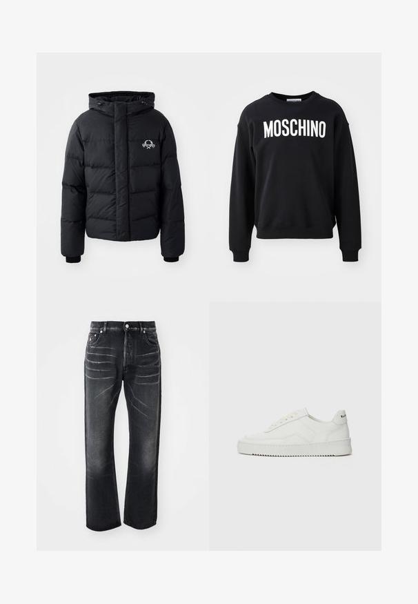 Jachetă puffer neagră cu glugă, având un design matlasat, mansete elastice și un logo pe piept. Fabricată dintr-un material neted, rezistent la apă.; Sweatshirt negru confecționat dintr-un material moale, cu decolteu rotund și manșete ribbate. Logo-ul alb proeminent "MOSCHINO" pe partea din față.; Jeans negre din denim cu o croială dreaptă, textură uzată, uzură vizibilă pe coapse și design cu cinci buzunare, dotat cu accesorii metalice.; Sneakers din piele albă cu un finisaj neted, vârf rotund, șireturi plate și o talpă texturată. Prezintă un logo subtil pe călcâi.