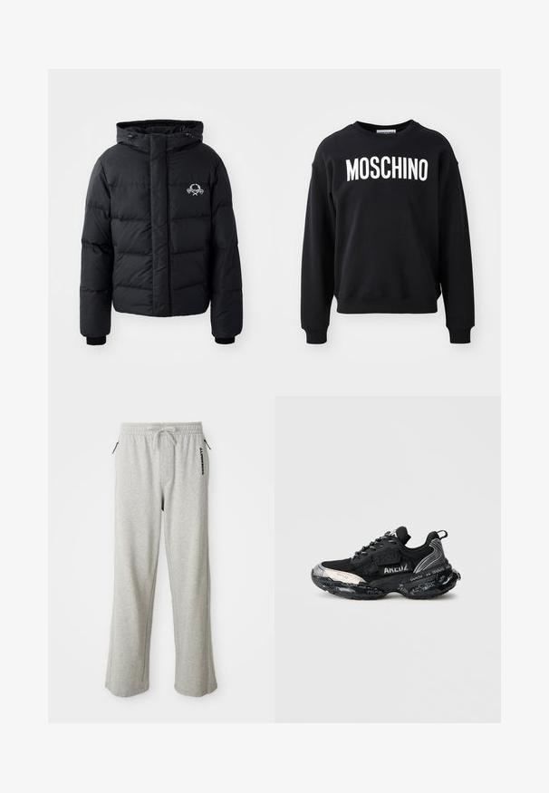 Zwarte pufferjack met een capuchon, voorzien van een gewatteerd ontwerp, elastische manchetten en een logo op de borst. Gemaakt van een glad, waterafstotend materiaal.; Zwarte sweatshirt gemaakt van zachte stof met een ronde halslijn en geribbelde manchetten. Prominente witte "MOSCHINO" logo over de voorkant.; Grijze sweatpants gemaakt van zachte stof, met een trekkoord in de taille, zijzakken en een bedrukt logo langs het linkerpoot.; Zwarte sportieve sneaker met een bovenwerk van mesh, textuuraccenten en een contrasterende witte rubberen zool. Heeft handgeschreven details op de zool.