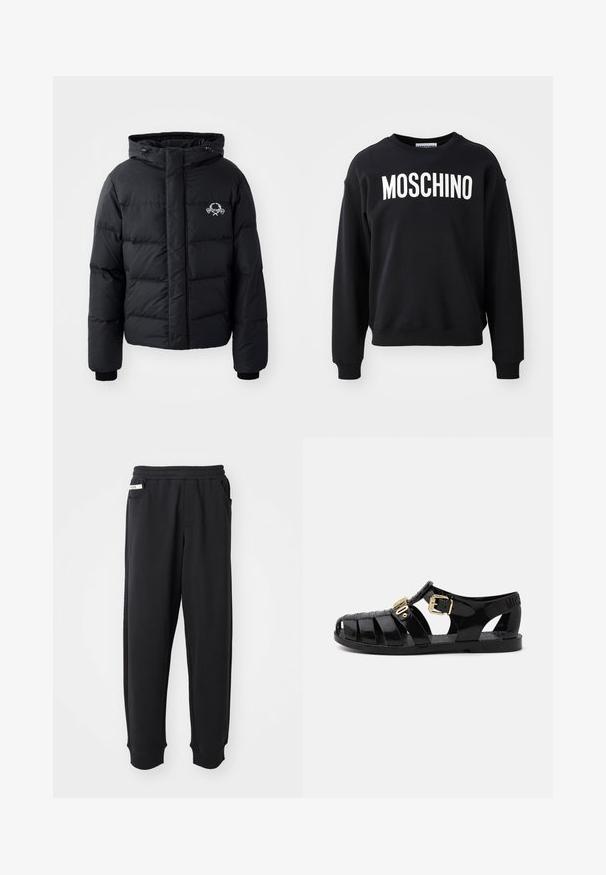 Czarna kurtka puchowa z kapturem, z pikowanym wzorem, elastycznymi mankietami i logo na piersi. Wykonana z gładkiego, wodoodpornego materiału.; Czarny sweatshirt wykonany z miękkiego materiału, z okrągłym dekoltem i ribbowymi mankietami. Wyraźne białe logo "MOSCHINO" na przodzie.; Czarne dresy wykonane z miękkiego materiału, z elastycznym paskiem w talii, bocznymi kieszeniami i ściągaczami przy kostkach. Minimalistyczny design.; Czarne gumowe sandały z wycięciami, z zapięciem na złotą klamrę i teksturowaną wkładką. Wytłoczone logo na pięcie.