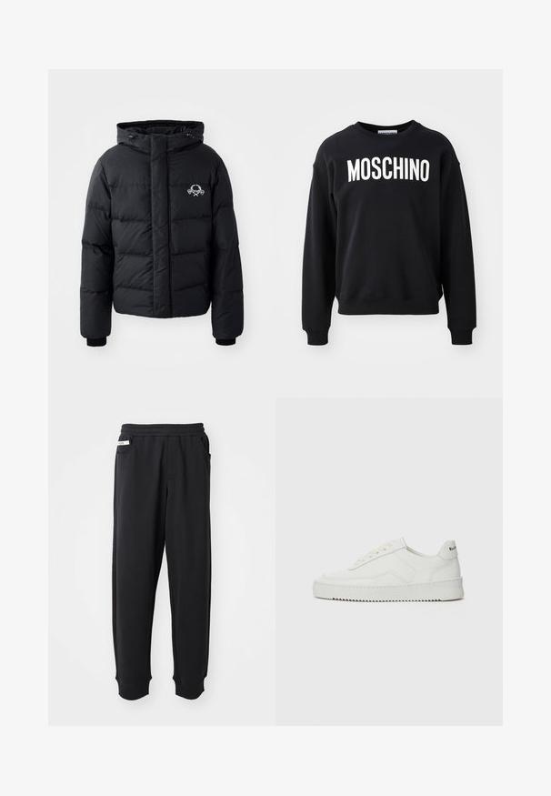Schwarze Puffjacke mit Kapuze, ausgestattet mit einem gesteppten Design, elastischen Bündchen und einem Brustlogo. Hergestellt aus einem glatten, wasserabweisenden Material.; Schwarzer Sweatshirt aus weichem Stoff mit Rundhalsausschnitt und gerippten Bündchen. Auffälliges weißes "MOSCHINO"-Logo auf der Vorderseite.; Schwarze Jogginghose aus weichem Stoff, mit einem elastischen Bund, seitlichen Taschen und gerippten Bündchen an den Knöcheln. Minimalistisches Design.; Weiße Ledersneaker mit glatter Oberfläche, runder Zehenpartie, flachen Schnürsenkeln und strukturiertem Sohlenprofil. Mit einem dezenten Logo an der Ferse.