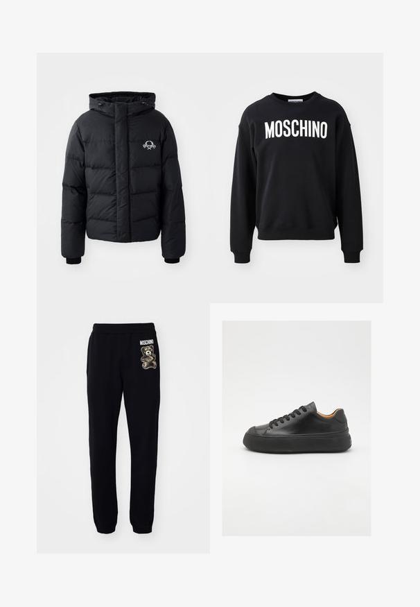 Black puffer jacket with a hood, featuring a quilted design, elastic cuffs, and a chest logo. Made of a smooth, water-resistant material.; Black sweatshirt made from soft fabric featuring a round neckline and ribbed cuffs. Prominent white "MOSCHINO" logo across the front.; Black sweatpants made of cotton with an elastic waistband, featuring a teddy bear graphic and "MOSCHINO" text on the side.; Black leather sneaker with a round toe, lace-up front, smooth texture, thick rubber sole, and contrasting tan interior.