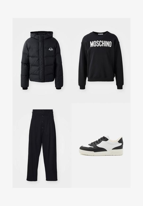 Juodas pūkinis švarkas su gobtuvu, pasižymintis siuvinėtu raštu, elastingais rankogaliais ir logotipu krūtinėje. Pagamintas iš lygios, vandeniui atsparios medžiagos.; Juodas džemperis, pagamintas iš minkštos medžiagos, su apvaliu iškirpimu ir gipiūrinėmis rankovėmis. Ryškus baltas „MOSCHINO“ logotipas ant priekio.; Juodos kelnės su aukštu liemeniu, klostėmis priekyje ir penkių mygtukų užsegimu. Lygus paviršius ir platus, trumpas kojų dizainas.; Juoda ir balta sportinė avalynė su lygiu odiniu viršumi, apvaliu nosiu ir plokščiu guminiu padu. Įrengti juodi raišteliai ir švelni vidinė pamušalas.