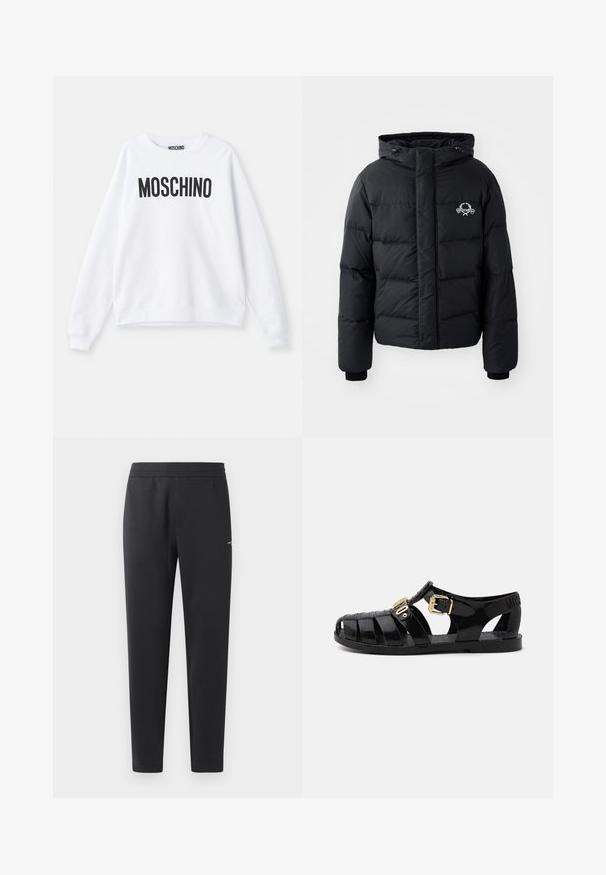 Black puffer jacket with a hood, featuring a quilted design, elastic cuffs, and a chest logo. Made of a smooth, water-resistant material.; White sweatshirt made of soft fabric featuring a round neck, long sleeves, and a prominent black "MOSCHINO" logo printed on the front.; Black jogger pants made of soft fabric, featuring an elastic waistband, straight legs, and a single small logo detail on the side.; Black rubber sandals with cut-out design, featuring a gold buckle closure and textured insole. Stamped logo on the heel.