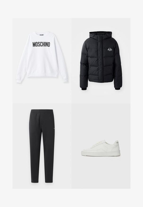 Black puffer jacket with a hood, featuring a quilted design, elastic cuffs, and a chest logo. Made of a smooth, water-resistant material.; White sweatshirt made of soft fabric featuring a round neck, long sleeves, and a prominent black "MOSCHINO" logo printed on the front.; Black jogger pants made of soft fabric, featuring an elastic waistband, straight legs, and a single small logo detail on the side.; White leather sneaker with a smooth finish, round toe, flat laces, and a textured sole. Features a subtle logo on the heel.