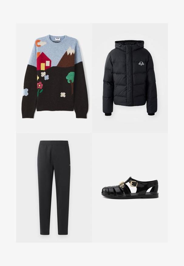 Giacca a vento nera con cappuccio, caratterizzata da un design trapuntato, polsini elastici e un logo sul petto. Realizzata in un materiale liscio e resistente all'acqua.; Maglione a maglia con un top blu, base nera e motivi colorati di una casa, montagne, fiori e nuvole in vari colori e trame.; Pantaloni jogger neri realizzati in tessuto morbido, con vita elasticizzata, gambe dritte e un piccolo logo sulla parte laterale.; Sandali neri in gomma con design a intaglio, dotati di chiusura con fibbia dorata e soletta testurizzata. Logo stampato sul tallone.