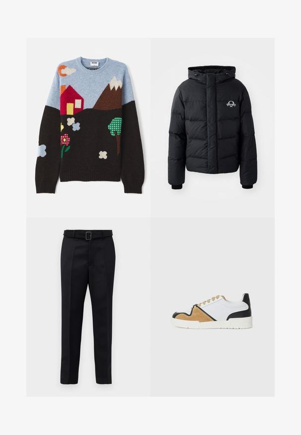 Juodas pūkinis švarkas su gobtuvu, pasižymintis siuvinėtu raštu, elastingais rankogaliais ir logotipu krūtinėje. Pagamintas iš lygios, vandeniui atsparios medžiagos.; Nertinis megztinis su mėlynu viršumi, juodu pagrindu ir įvairiaspalvėmis raštais, vaizduojančiais namą, kalnus, gėles ir debesis įvairiomis spalvomis ir tekstūromis.; Juodos pritaikytos kelnės turi lygią medžiagą, tiesų kirpimą ir diržą su stačiakampiu sagtimi. Išskirtiniai priekiniai raukšliai pagerina dizainą.; Baldai pagaminti iš baltos tekstilės su smėlio spalvos zomša ir juodais odiniais akcentais, su apvali nosimi, plokščiu raištelių dizainu ir tekstūruotu padu.