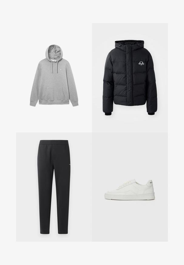 Juodas pūkinis švarkas su gobtuvu, pasižymintis siuvinėtu raštu, elastingais rankogaliais ir logotipu krūtinėje. Pagamintas iš lygios, vandeniui atsparios medžiagos.; Pilkos spalvos medvilnės džemperis su priekinėmis kišenėmis, su vairu ir mažuoju logotipu ant krūtinės. Minkšta tekstūra ir laisvas siluetas.; Juodos sportinės kelnės, pagamintos iš minkštos medžiagos, su elastinga juosmeniu, tiesiomis kojomis ir nedideliu logotipo akcentu šone.; Balti odiniai sportiniai bateliai su lygia apdaila, apvaliu pirštu, plokščiais raišteliais ir tekstūruotu padu. Pasižymi subtiliu logotipu ant kulno.