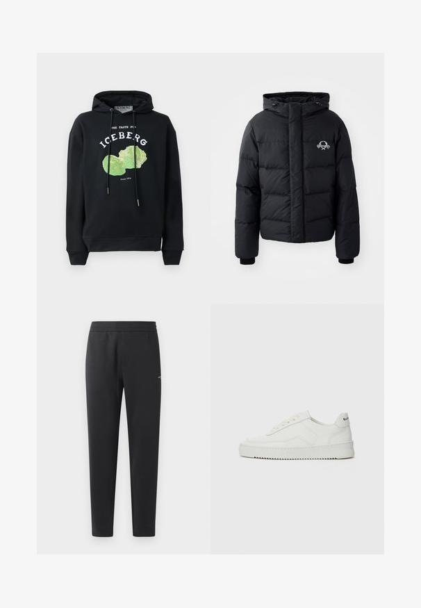 Schwarze Puffjacke mit Kapuze, ausgestattet mit einem gesteppten Design, elastischen Bündchen und einem Brustlogo. Hergestellt aus einem glatten, wasserabweisenden Material.; Schwarzer Kapuzenpullover mit Kordeln und einem grafischen Druck eines grünen Salats auf der Vorderseite. Mit bedrucktem Text: "DER GESCHMACK FÜR EISBERG" und "Seit 1974."; Schwarze Jogginghosen aus weichem Stoff, mit einem elastischen Bund, geraden Beinen und einem kleinen Logodetail an der Seite.; Weiße Ledersneaker mit glatter Oberfläche, runder Zehenpartie, flachen Schnürsenkeln und strukturiertem Sohlenprofil. Mit einem dezenten Logo an der Ferse.