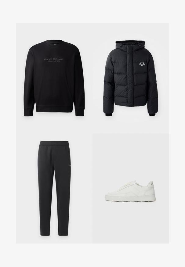 Mustan pusakkatakin, jossa on huppu, tikattu muotoilu, joustavat hihansuut ja rintalogo. Valmistettu sileästä, vettä hylkivästä materiaalista.; Mustan pitkähihainen ceeja, jossa on etupuolella kohopainettuna "ARMANI EXCHANGE MILANO / NEW YORK". Kankaan pinta on sileä ja hihansuut ovat ribbattua materiaalia.; Mustat verkkarit, jotka on valmistettu pehmeästä kankaasta. Niissä on joustava vyötärö, suorat lahkeet ja pieni logo-yksityiskohta sivulla.; Valkoinen nahkakenkä, jossa on sileä pinta, pyöreä kärki, tasaiset nauhat ja teksturoitu pohja. Sisältää huomaamattoman logon kantapäässä.
