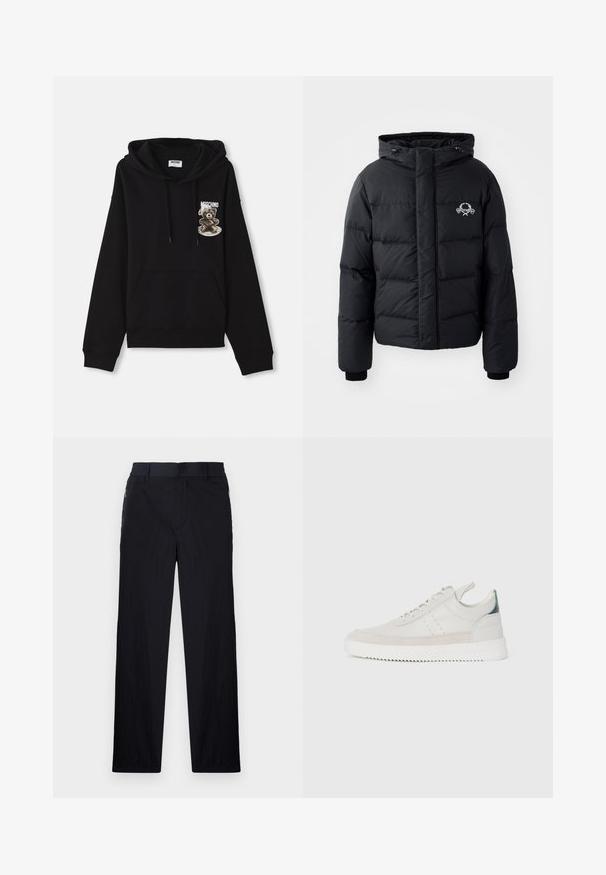Jachetă puffer neagră cu glugă, având un design matlasat, mansete elastice și un logo pe piept. Fabricată dintr-un material neted, rezistent la apă.; Sweatshirt negru cu glugă, prevăzut cu un buzunar frontal, șnururi și un design grafic cu un urs pe o farfurie, purtând numele brandului "Moschino".; Pantaloni negri dintr-un material ușor, texturat, cu croială drept pentru picioare, talie elastică și buzunare laterale cu fermoar.; Adidași din piele albă cu accente din sueded gri, design cu șireturi, tab de prindere și talpă din cauciuc texturat cu un model în zigzag.