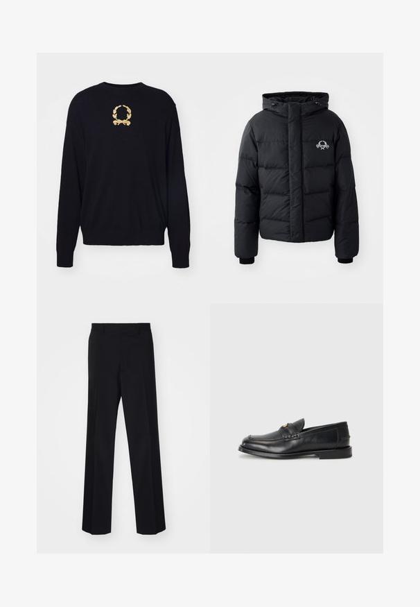 Čierna prešívaná bunda s kapucňou, ktorá má elastické manžety a logo na hrudníku. Vyrobená z hladkého, vodoodolného materiálu.; Čierny sveter vyrobený z mäkkej tkaniny, s vyšívaným zlatým designom vavrínového veniec na hrudi a rebrovanými manžetami a spodným lemom.; Čierne tailored nohavice s širokým strihom, s hladkou textúrou a ostrými záhybmi, vyrobené z tkaného materiálu.; Čierne kožené mokasíny majú zaoblenú špičku, prešívané detaily a malý zlatý akcent na prednej strane. Podrážka je plochá a nenápadná.