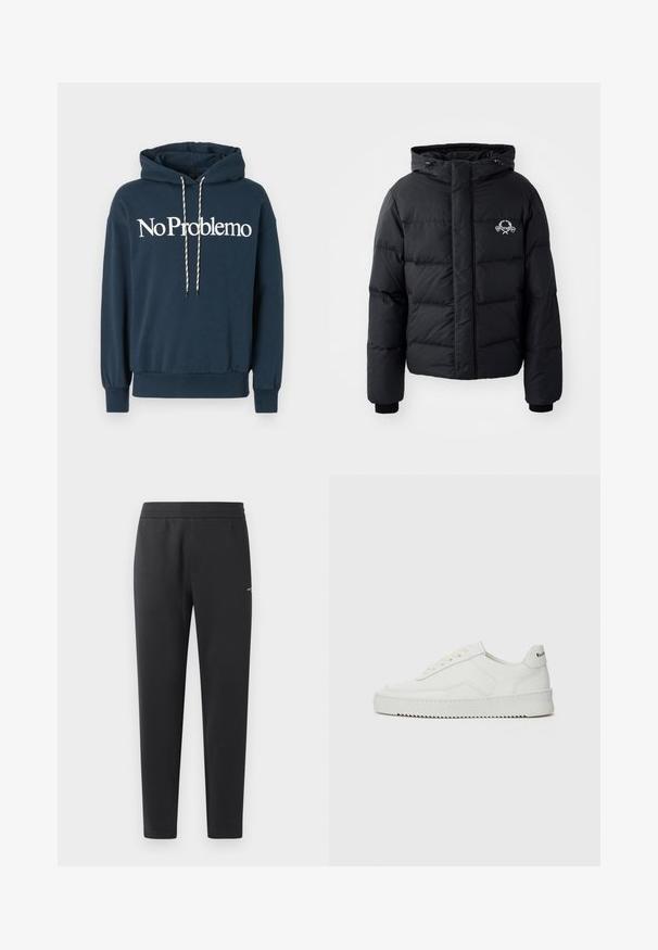 Black puffer jacket with a hood, featuring a quilted design, elastic cuffs, and a chest logo. Made of a smooth, water-resistant material.; Navy blue hooded sweatshirt with "No Problemo" text in white, featuring a drawstring with black and white patterns and ribbed cuffs.; Black jogger pants made of soft fabric, featuring an elastic waistband, straight legs, and a single small logo detail on the side.; White leather sneaker with a smooth finish, round toe, flat laces, and a textured sole. Features a subtle logo on the heel.