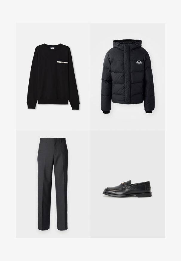 Čierna prešívaná bunda s kapucňou, ktorá má elastické manžety a logo na hrudníku. Vyrobená z hladkého, vodoodolného materiálu.; Čierna mikina s dlhými rukávmi, rebrovanými manžetami, okrúhlym výstrihom a prednou vreckom s strieborným akcentom a detailom loga.; Tmavošedé prispôsobené nohavice s plochým predným dizajnom, pútkami na opasok a priamym strihom; hladká textúra, bez viditeľných vzorov.; Čierne kožené mokasíny majú zaoblenú špičku, prešívané detaily a malý zlatý akcent na prednej strane. Podrážka je plochá a nenápadná.