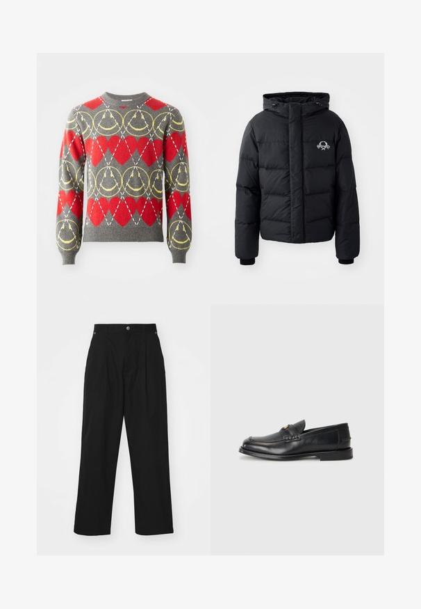 Must väljakutsete sätetele lõhelise disainiga must puhvrjakker, kapuutsiga, elastsete mansettidega ja rinnal logo. Valmistatud siledast, veekindlast materjalist.; Hallhallane kampsun punaste südamega ja kollaste ringikujuliste mustritega, millel on valged katkendlikud jooned, mis moodustavad ruudustiku disaini.; Musta laiad püksid, valmistatud kergest kangast. Omavad nupuga sulgemist, esiplekti ja kahte küljetaskut.; Mustad mustad nahast loafersid esitlevad ümarat varvast, keerduvaid õmblusi ja väikest kuldset detailet ees. Tallad on lamedad ja diskreetsed.