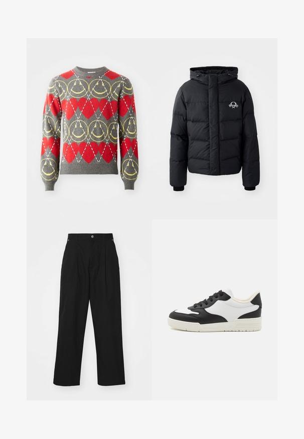 Fekete puffdzseki kapucnival, steppelt kialakítással, rugalmas mandzsettákkal és mellkasi logóval. Simább, vízálló anyagból készült.; Szürke pulóver piros szívekkel és sárga körszerű mintákkal, fehér szaggatott vonalakkal egy gyémánt rácsban az alapláson.; Fekete, bő szárú nadrág könnyű anyagból. Gombos záródással, elülső redőkkel és két oldalsó zsebből áll.; Fekete és fehér sportcipő sima bőrből készült felsőrésszel, lekerekített orral és lapos gumitalppal. Jellemzője a fekete fűző és a puha bélés.