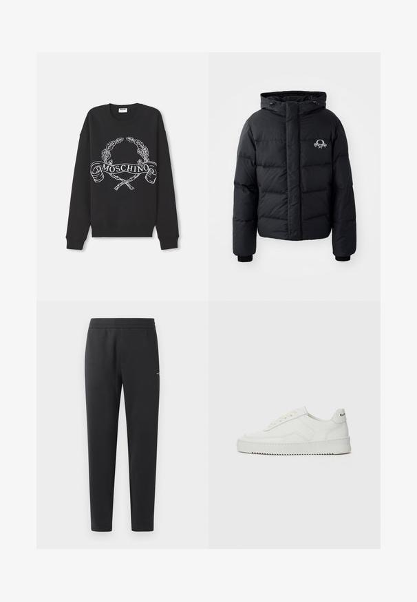 Must väljakutsete sätetele lõhelise disainiga must puhvrjakker, kapuutsiga, elastsete mansettidega ja rinnal logo. Valmistatud siledast, veekindlast materjalist.; Must musta särk, millel on valge laurioksa ja ristatud pulkade kujundus ning "MOSCHINO" tekstiriba ees.; Mustad jogger pants pehmest kangast, millel on elastne vöökoht, sirged sääred ja üks väike logodetail küljel.; Valge nahast tennis, millel on sile põhi, ümar varvas, lamedad nöörid ja tekstuuriline tall. Sisaldab diskreetset logo kontsaribal.
