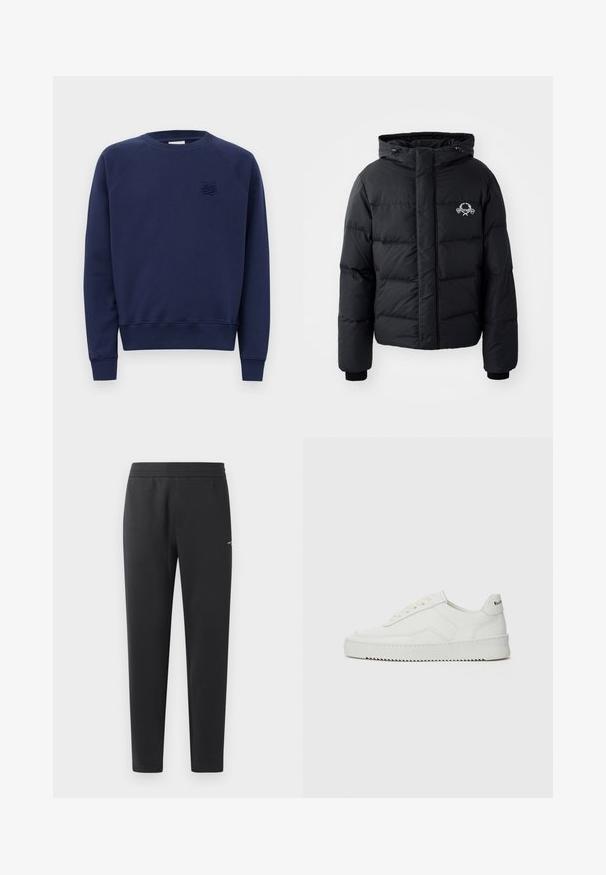 Černá péřová bunda s kapucí, s prošívaným vzorem, elastickými manžetami a logem na hrudi. Vyrobena z hladkého, vodoodpudivého materiálu.; Námorně modrý svetr s kulatým výstřihem a dlouhými rukávy, se malým vyšitým logem na levé hrudi.; Černé joggingové kalhoty vyrobené z měkké tkaniny, s elastickým pasem, rovnými nohavicemi a malým logem na boku.; Bílé kožené tenisky s hladkým povrchem, kulatou špičkou, plochými tkaničkami a texturovanou podrážkou. Na patě se nachází nenápadné logo.