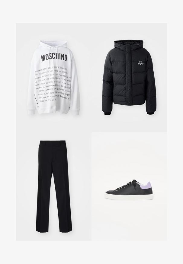 Giacca a vento nera con cappuccio, caratterizzata da un design trapuntato, polsini elastici e un logo sul petto. Realizzata in un materiale liscio e resistente all'acqua.; Felpa bianca con cappuccio caratterizzata da un grande logo nero "Moschino" e vari motivi di testo stampati in nero. Include un cappuccio con cordini e fori laterali.; Pantaloni neri su misura con un design a gamba larga, caratterizzati da una texture liscia e pieghe nette, realizzati in un tessuto tessuto.; Sneaker in pelle nera con suola in gomma bianca, caratterizzata da lacci neri, occhielli in argento e un accento viola chiaro nel tallone.
