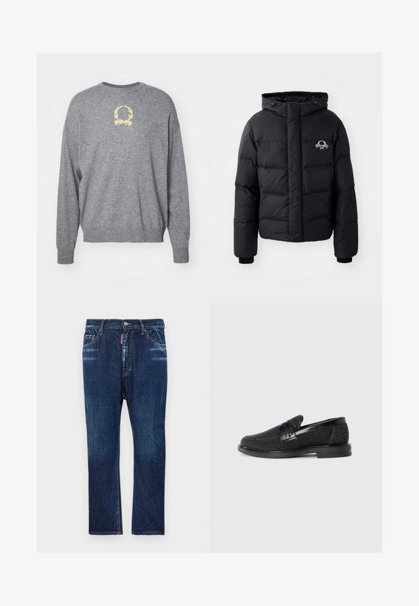 Melnā puffer jaka ar kapuci, ar kvadrātveida dizainu, elastīgiem piedurkņu galiem un krūšu logotipu. Izgatavota no gludas, ūdensizturīgas materiāla.; Pelēks adīts džemperis ar apaļu kaklu, kurā ir dzeltena izšūta lauru zara dizains krūtīs un ribota piedurkņu un apakšmalas daļa.; Tumši zili džinsi ar taisnu kāju piegriezumu, kuriem ir viegls izblukums, dzeltena šuvumu apdare, priekšējās kabatas un pogu aizdare.; Melnas austas slaidu kurpes ar gludu ādas akcentu augšpusē, apaļas formas purngalu un zemas profila gumijas zoli.