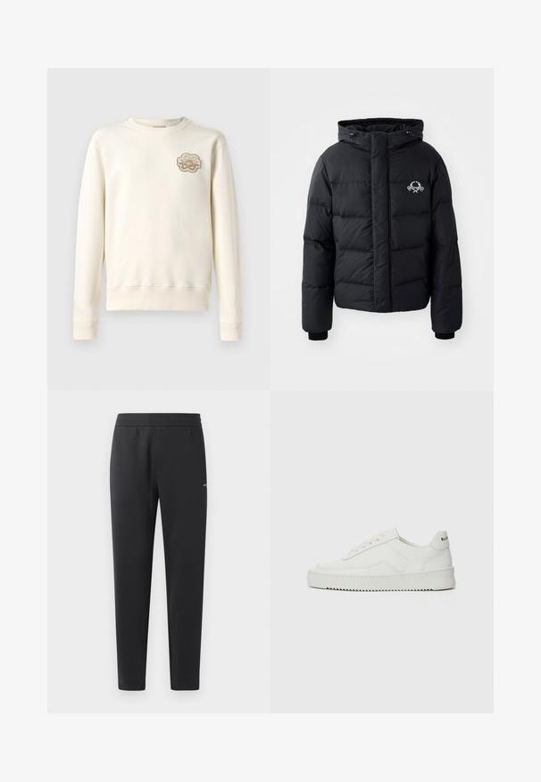 Chaqueta de plumas negra con capucha, que presenta un diseño acolchado, puños elásticos y un logo en el pecho. Fabricada con un material suave y resistente al agua.; Sudadera color beis claro con cuello redondo, mangas largas y puños acanalados. Presenta un parche decorativo bordado en el lado izquierdo del pecho.; Pantalones de chándal negros hechos de una tela suave, con una cintura elástica, perneras rectas y un pequeño detalle del logo en el lateral.; Zapatilla de cuero blanca con un acabado suave, puntera redonda, cordones planos y suela texturizada. Cuenta con un sutil logo en el talón.