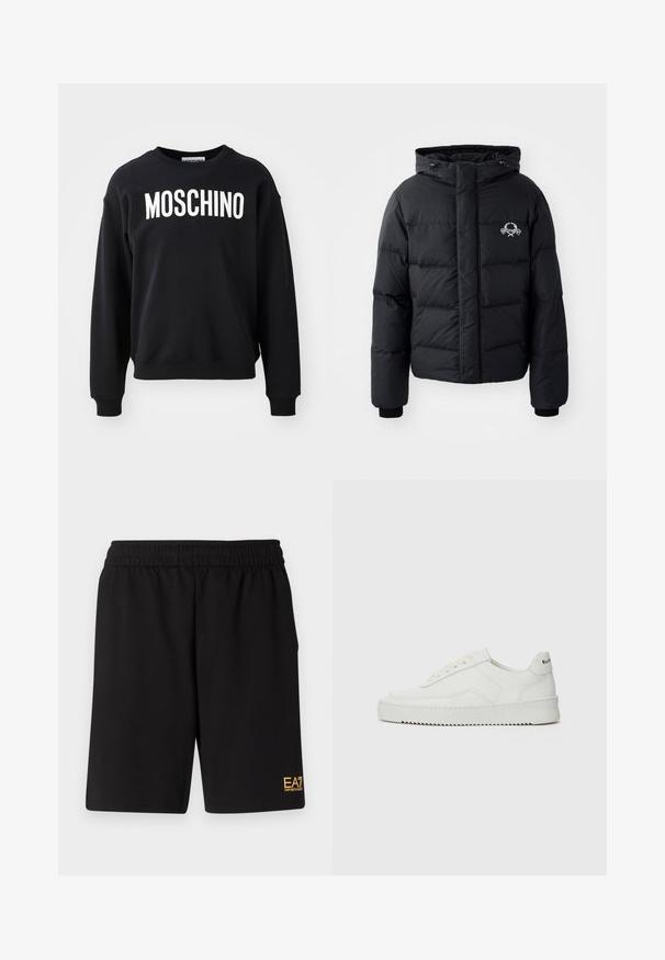 Chaqueta de plumas negra con capucha, que presenta un diseño acolchado, puños elásticos y un logo en el pecho. Fabricada con un material suave y resistente al agua.; Sudadera negra hecha de una tela suave con cuello redondo y puños acanalados. Logotipo prominente en blanco "MOSCHINO" en la parte frontal.; Pantalones cortos deportivos negros de tejido suave, con una cintura elástica y un pequeño logo amarillo de EA7 en la parte inferior de la pierna izquierda.; Zapatilla de cuero blanca con un acabado suave, puntera redonda, cordones planos y suela texturizada. Cuenta con un sutil logo en el talón.