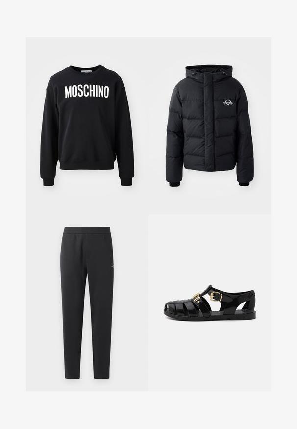 Black puffer jacket with a hood, featuring a quilted design, elastic cuffs, and a chest logo. Made of a smooth, water-resistant material.; Black sweatshirt made from soft fabric featuring a round neckline and ribbed cuffs. Prominent white "MOSCHINO" logo across the front.; Black jogger pants made of soft fabric, featuring an elastic waistband, straight legs, and a single small logo detail on the side.; Black rubber sandals with cut-out design, featuring a gold buckle closure and textured insole. Stamped logo on the heel.
