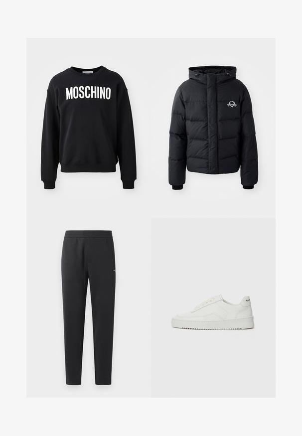 Chaqueta de plumas negra con capucha, que presenta un diseño acolchado, puños elásticos y un logo en el pecho. Fabricada con un material suave y resistente al agua.; Sudadera negra hecha de una tela suave con cuello redondo y puños acanalados. Logotipo prominente en blanco "MOSCHINO" en la parte frontal.; Pantalones de chándal negros hechos de una tela suave, con una cintura elástica, perneras rectas y un pequeño detalle del logo en el lateral.; Zapatilla de cuero blanca con un acabado suave, puntera redonda, cordones planos y suela texturizada. Cuenta con un sutil logo en el talón.