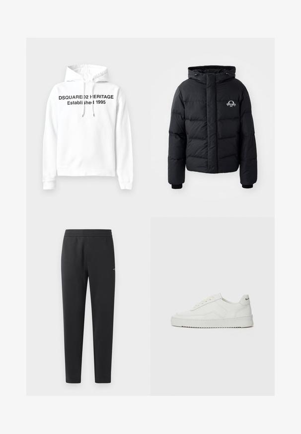 Doudoune noire avec capuche, présentant un design matelassé, des poignets élastiques et un logo sur la poitrine. Fabriquée dans un matériau lisse et résistant à l'eau.; Sweat à capuche blanc avec une poche kangourou à l'avant, un cordon de serrage à la capuche et un texte noir : "DSQUARED2 HERITAGE Établi en 1995." Tissu doux.; Pantalons de jogging noirs en tissu doux, dotés d'une taille élastique, de jambes droites et d'un petit logo sur le côté.; Baskets en cuir blanc avec une finition lisse, bout arrondi, lacets plats et semelle texturée. Présente un logo discret sur le talon.