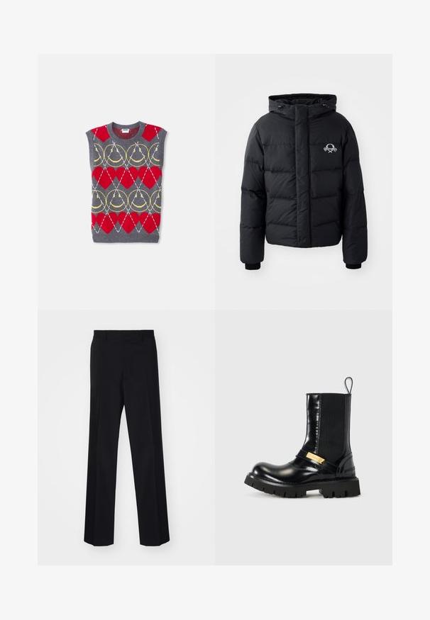 Czarna kurtka puchowa z kapturem, z pikowanym wzorem, elastycznymi mankietami i logo na piersi. Wykonana z gładkiego, wodoodpornego materiału.; Beżowy bezrękawnik z dzianiny w szarej kolorze z czerwonymi sercami, żółtymi łańcuchami i białymi ukośnymi liniami w powtarzającym się wzorze, oznaczony jako Moschino.; Czarne spodni z szerokimi nogawkami, charakteryzujące się gładką teksturą i wyraźnymi fałdami, wykonane z tkaniny tkanej.; Czarny skórzany botek za kostkę z elastycznymi bocznymi panelami, złotym paskiem akcentującym oraz masywną czarną gumową podeszwą. Gładkie wykończenie z okrągłym noskiem.