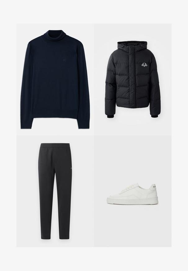 Zwarte pufferjack met een capuchon, voorzien van een gewatteerd ontwerp, elastische manchetten en een logo op de borst. Gemaakt van een glad, waterafstotend materiaal.; Dsquared2 TURTLE NECK - Trui - navy blue; Zwarte joggingsbroek gemaakt van zachte stof, met een elastische tailleband, rechte pijpen en een klein logo detail aan de zijkant.; Witte leren sneaker met een gladde afwerking, ronde neus, platte veters en een gestructureerde zool. Kenmerkt zich door een subtiel logo op de hiel.