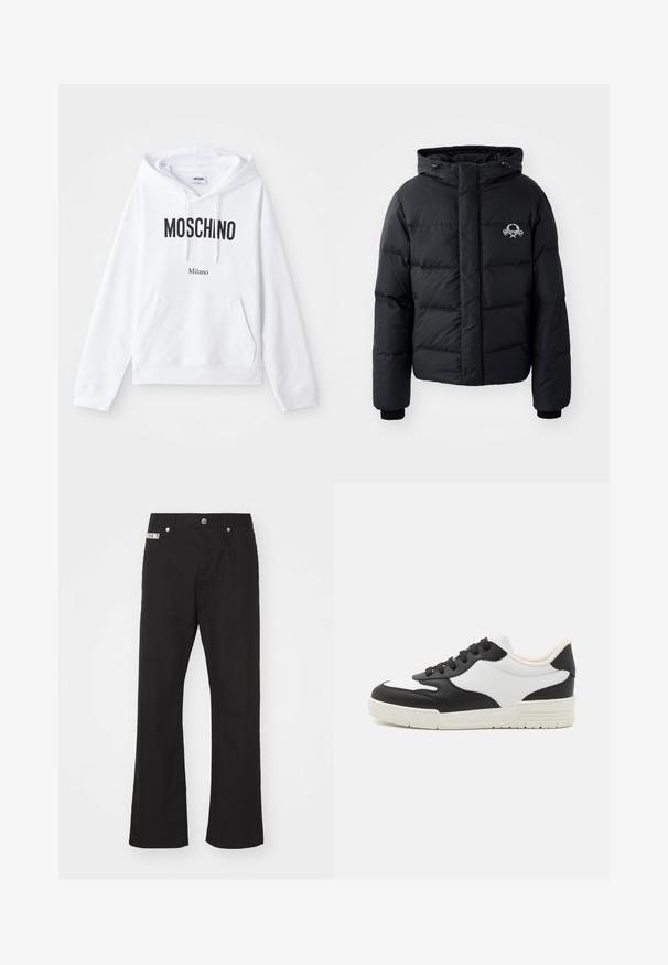 Giacca a vento nera con cappuccio, caratterizzata da un design trapuntato, polsini elastici e un logo sul petto. Realizzata in un materiale liscio e resistente all'acqua.; Felpa bianca con tasca a marsupio, coulisse regolabile e bold nero con la scritta "MOSCHINO" e "Milano" stampata sul davanti.; Pantaloni neri in cotone con design a gamba dritta, dotati di chiusura frontale con bottone, due tasche laterali e una piccola etichetta del marchio sulla cintura.; Sneaker bianco e nero con tomaia in pelle liscia, punta tonda e suola in gomma piatta. Presenta lacci neri e una morbida fodera interna.