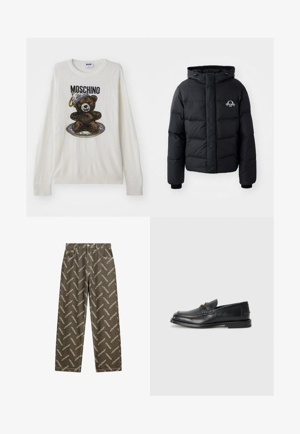 Fekete puffdzseki kapucnival, steppelt kialakítással, rugalmas mandzsettákkal és mellkasi logóval. Simább, vízálló anyagból készült.; Fehér kötött pulóver, amelyen egy sapkás mackó grafika látható egy tányérral, fekete és barna részletezéssel, valamint bordázott mandzsettákkal és szegéllyel. Moschino címke látható.; Világos bézs színű, teljesen tollmintás khaki farmerek. Laza szabás, standard zsebekkel és kontrasztos varrási részletekkel.; A fekete bőrcipők lekerekített orral, varrott részletezéssel és egy apró arany díszítéssel rendelkeznek az elején. A talp lapos és diszkrét.
