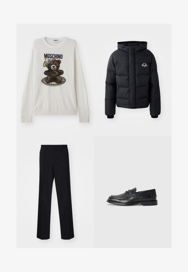 Giacca a vento nera con cappuccio, caratterizzata da un design trapuntato, polsini elastici e un logo sul petto. Realizzata in un materiale liscio e resistente all'acqua.; Maglione bianco a maglia con una grafica di un orso con un cappello e un piatto, dettagli neri e marroni, e polsini e orlo a costine. Etichetta Moschino visibile.; Pantaloni neri su misura con un design a gamba larga, caratterizzati da una texture liscia e pieghe nette, realizzati in un tessuto tessuto.; Mocassini in pelle nera con punta rotonda, dettagli cuciti e una piccola accentuazione dorata sul davanti. La suola è piatta e discreta.